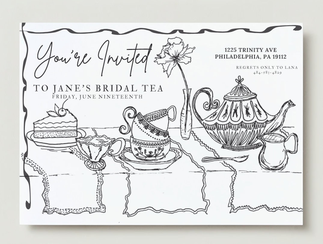 Tea Party Bridal Tea Invitation hand Drawn, Black &amp; White Sketch ...