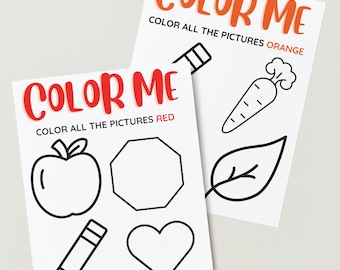 May include: Two printable coloring pages with the text "Color Me" in red and orange. The first page has a red apple, a red octagon, a red crayon, and a red heart. The second page has an orange carrot and an orange leaf.