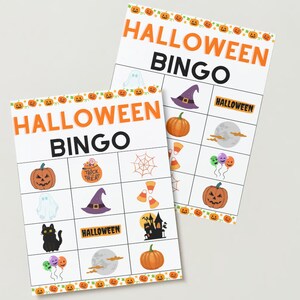 May include: Two printable Halloween Bingo cards with images of ghosts, pumpkins, bats, candy corn, witches hats, spiderwebs, a black cat, a haunted house, and the word "Halloween".