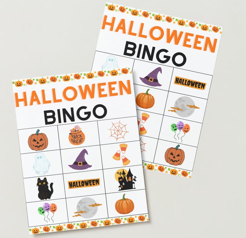 May include: Two printable Halloween Bingo cards with images of ghosts, pumpkins, bats, candy corn, witches hats, spiderwebs, a black cat, a haunted house, and the word "Halloween".