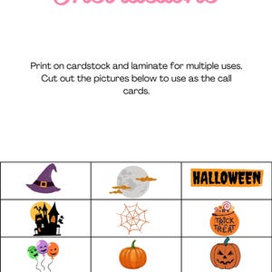 May include: A set of Halloween-themed calling cards featuring images of a witch's hat, a moon, a spiderweb, a haunted house, a pumpkin, a ghost, candy corn, and a black cat. The cards are printed with the word "HALLOWEEN" and "TRICK TREAT".