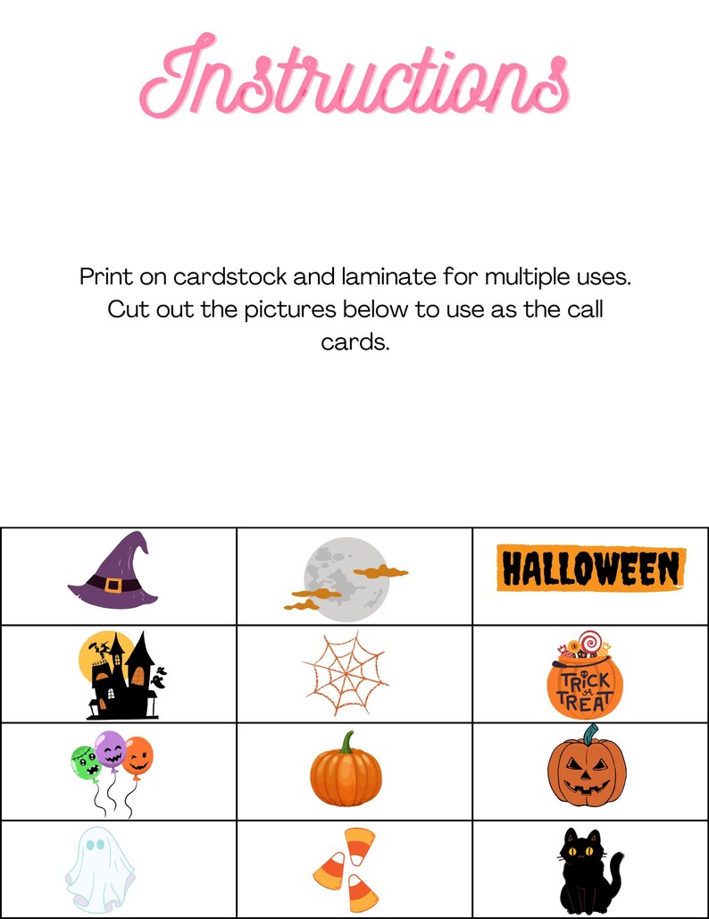 May include: A set of Halloween-themed calling cards featuring images of a witch's hat, a moon, a spiderweb, a haunted house, a pumpkin, a ghost, candy corn, and a black cat. The cards are printed with the word "HALLOWEEN" and "TRICK TREAT".