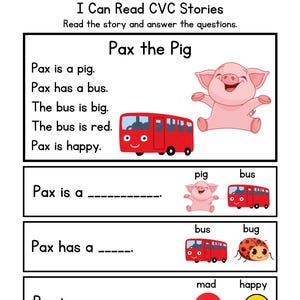 Puede incluir: Una hoja de trabajo para que los niños lean una historia corta sobre un cerdo llamado Pax que tiene un autobús rojo. La hoja de trabajo incluye tres preguntas de opción múltiple para que los niños completen.