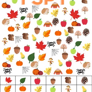 Könnte beinhalten: Ein farbenfrohes "Ich sehe was, was du nicht siehst"-Spielblatt mit herbstlichen Illustrationen. Das Blatt zeigt Kürbisse, Äpfel, Blätter, Eicheln, Eichhörnchen, Igel, Spinnen und Pullover.