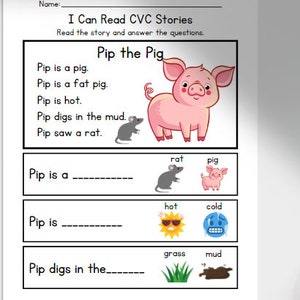 Könnte beinhalten: Ein ausdruckbares Arbeitsblatt für Kinder, um CVC-Wörter zu lernen. Das Arbeitsblatt zeigt ein rosa Schwein mit dem Text "Pip the Pig" und eine Geschichte über ein Schwein namens Pip. Das Arbeitsblatt enthält drei Lückentextfragen zur Geschichte.
