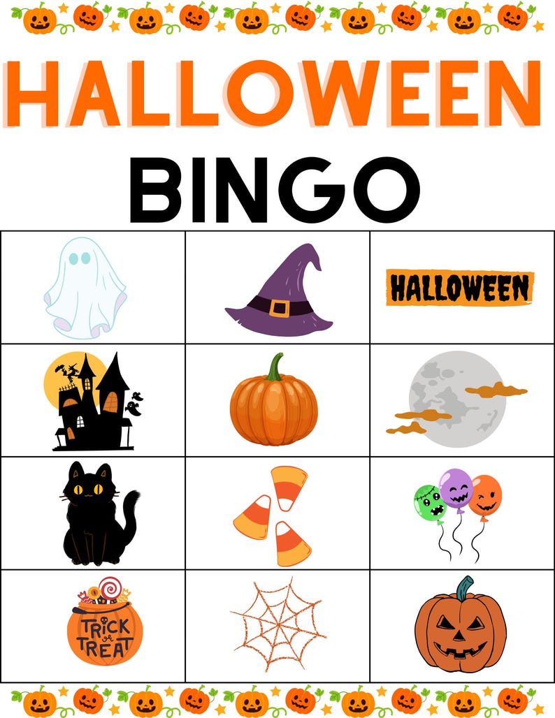 May include: Halloween Bingo game card with images of a ghost, witch hat, pumpkin, haunted house, black cat, candy corn, balloons, spider web, and a jack-o-lantern. The card also includes the word "Halloween".