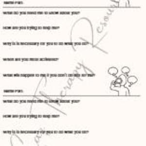May include: A white paper with the title "Parts Mapping" and several prompts for self-reflection. The prompts include questions about needs, goals, and actions. The paper has a light beige background and is designed for therapy or self-help.