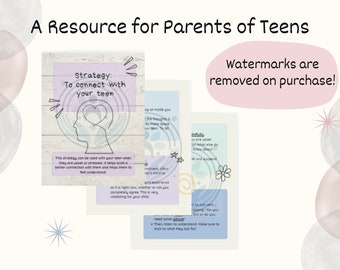 Op de afbeelding: Een hulpmiddel voor ouders van tieners, met een reeks informatieve kaarten. De kaarten bevatten tekst en afbeeldingen, waaronder de woorden "Strategie: Om contact te maken met je tiener". De afbeelding heeft een zacht pastel kleurenschema.