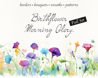 Birthflower Clipart PNG Bundle - Morning Glory settembre Birthmonth Bouquet acquerello - bordo floreale, ghirlanda, modello - fiori di campo estivi