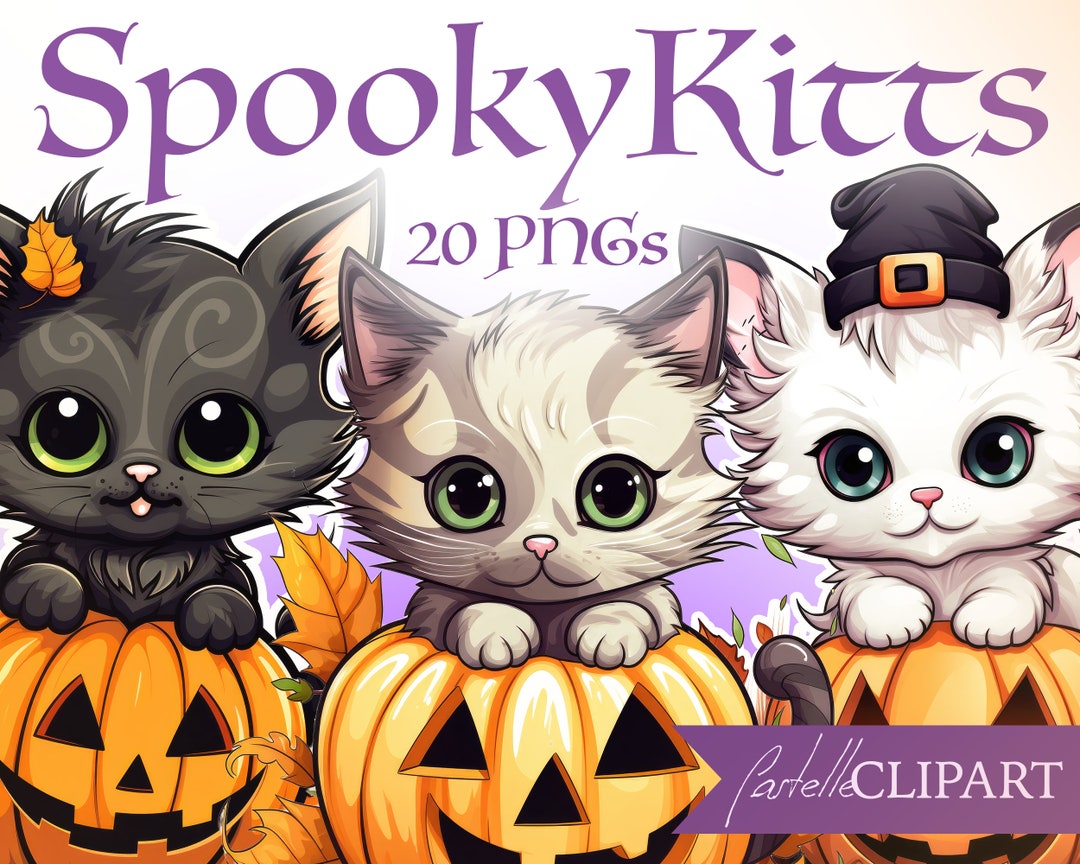 Cute Halloween Kitten Clipart Bundle, Magical Chibi Baby Animal PNG