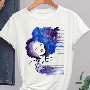 Watercolor Art T-Shirt – Abstract Woman Portrait Tee – Blue Aesthetic Graphic Shirt – Feminine Fashion – Unique Artistic Design