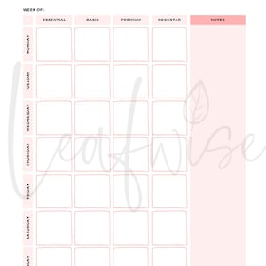 Peut inclure: Un modèle de planificateur hebdomadaire intitulé WEEKLY SCALED GOALS avec une mise en page en grille. Les colonnes sont étiquetées ESSENTIAL, BASIC, PREMIUM, ROCKSTAR et NOTES. Les lignes indiquent les jours de la semaine du lundi au dimanche.