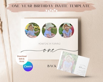 モダンな1歳の誕生日招待状テンプレート｜写真、Canva（デジタルダウンロード）