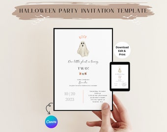 リトルゴーストのハロウィン誕生日招待状｜コスチュームパーティー（Canvaテンプレート）