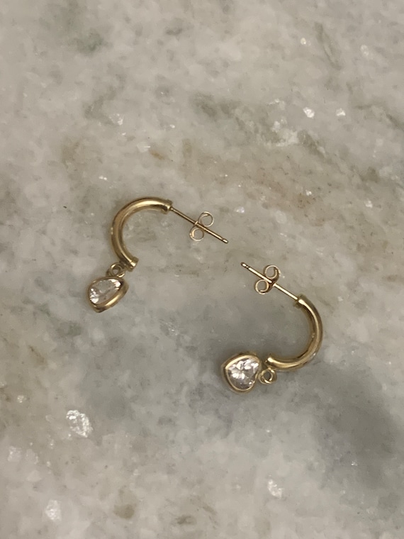 14k gold hoop dangle cz heart earrings