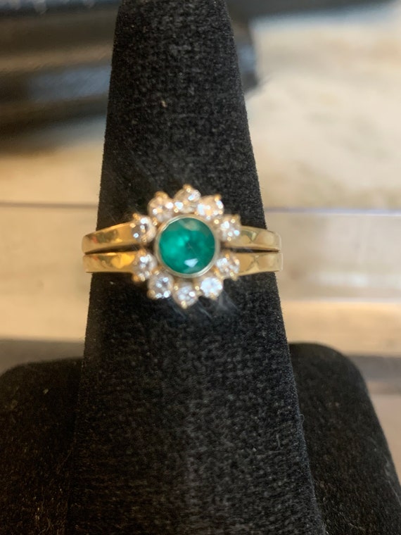 14k Gold Bezel Set Emerald Diamond Cocktail Ring