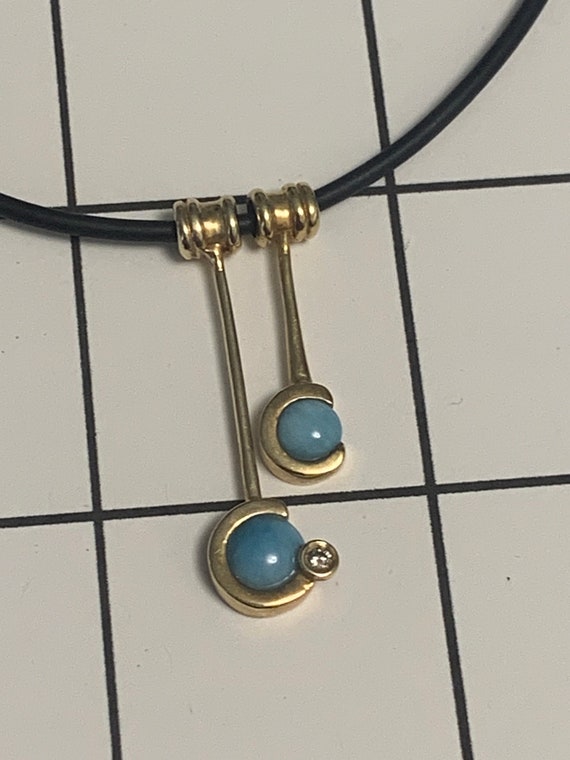 14k Gold Diamond and Larimar Necklace Leather - image 1