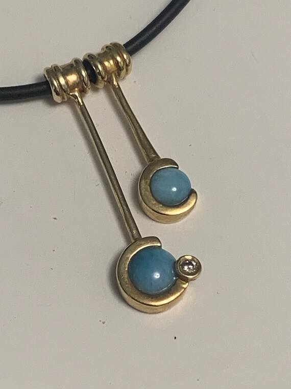 14k Gold Diamond and Larimar Necklace Leather - image 2