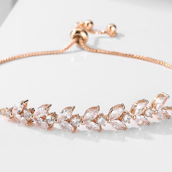 Cadeau bracelet réglable feuille de zircone | Bracelet chaîne en or | Bracelet chaîne en or rose | Bracelet feuille chaîne en argent | Or 18 carats