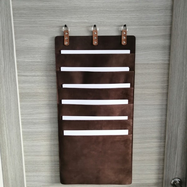 Leather wall hanging organizer, Leather Pocket Organizer, mail organizer, file organizers, paper organizer, Room Organizer, Wall Pocket