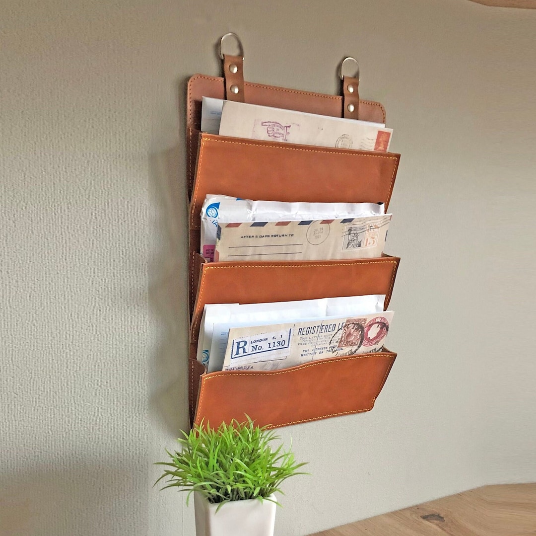 Personalized Leather Mail Box 16 Pockets, Leather Wall Organizer