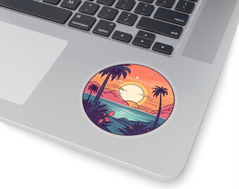 Könnte beinhalten: Eine farbenfrohe Illustration eines tropischen Sonnenuntergangs mit Palmen und einem Strand. Der Himmel ist ein Farbverlauf von Orange, Rosa und Lila, und die Sonne geht hinter dem Horizont unter. Der Strand ist hellblau, und die Palmen sind vor dem Himmel silhouettiert.