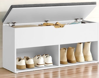 Shoe Bench with Cushion, Storage Bench, Entryway Bench with Storage, Shoe Rack Bench, 2 Open and 1 Hidden Compartments, Shoe Shelf