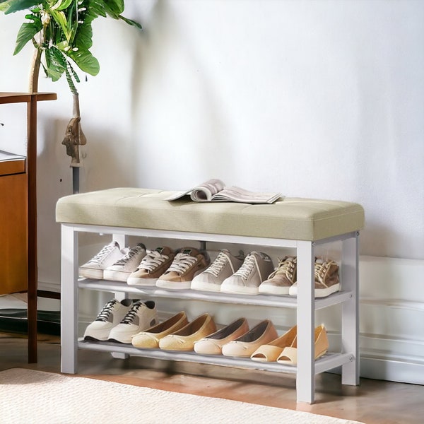 Entryway Shoe Storage Bench with Cushion, 3-Tier Shoe Rack with Foam Padded Seat, Bench for Bedroom End of Bed, or Living Room