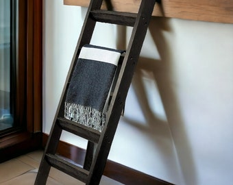 Blanket Ladder, 5 ft, wooden, wall mount, one shelf, black.