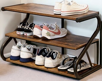 Shoe Rack: Z-Frame Wooden Shoe Shelf with Durable Metal Shelves for Hallway, Living Room,