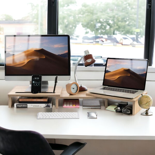 Monitor Stand for Desk, Monitor Stand with Two Phone and Tablet Slots, Dual Monitor Riser with Adjustable Length and Angle, Computer Stand