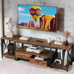 TV Stand With Drawers  TV Entertainment Center and Industrial TV Console Table with Open Storage Shelves for Living Room and Bedroom