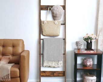 Blanket Ladder Shelf for Living Room, Decorative Wood Quilt Rack with 4 Removable Hooks, 5-Tier Farmhouse Ladder Holder