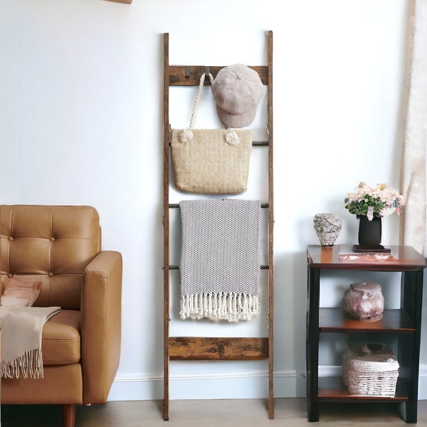 Blanket Ladder Shelf for Living Room, Decorative Wood Quilt Rack with 4 Removable Hooks, 5-Tier Farmhouse Ladder Holder