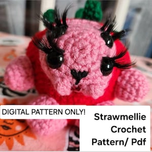 May include: A crochet pattern for a pink and red strawberry character with black eyelashes and a green stem. The pattern is available as a digital download and is called "Strawmellie Crochet Pattern/Pdf".