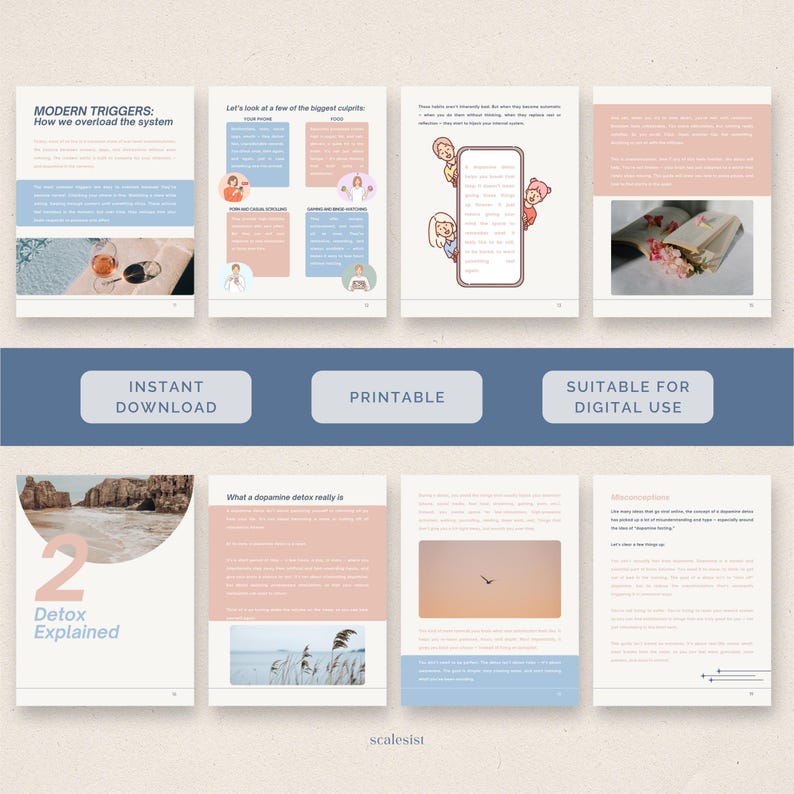 Op de afbeelding: Een digitale download met een lichtgekleurde lay-out, tekst en illustraties. De pagina's hebben een minimalistisch ontwerp met pastelroze en blauwe accenten. De tekst bevat "MODERN TRIGGERS" en "Detox Explained". Het product is gelabeld als "DIRECT DOWNLOAD", "PRINTBAAR" en "GESCHIKT VOOR DIGITAAL GEBRUIK".