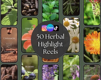 50 Herbal Highlight Reels, Herbalist Instagram Canva Templates, Wellness Social Media Pack for Holistic Coaches