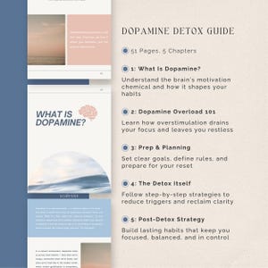 Op de afbeelding: Een digitale gids getiteld "Dopamine Detox Guide" met een lichtroze en wit kleurenschema. De omslag van de gids bevat de tekst "What is Dopamine?" en de inhoud van de gids wordt vermeld, inclusief 5 hoofdstukken en 51 pagina's.