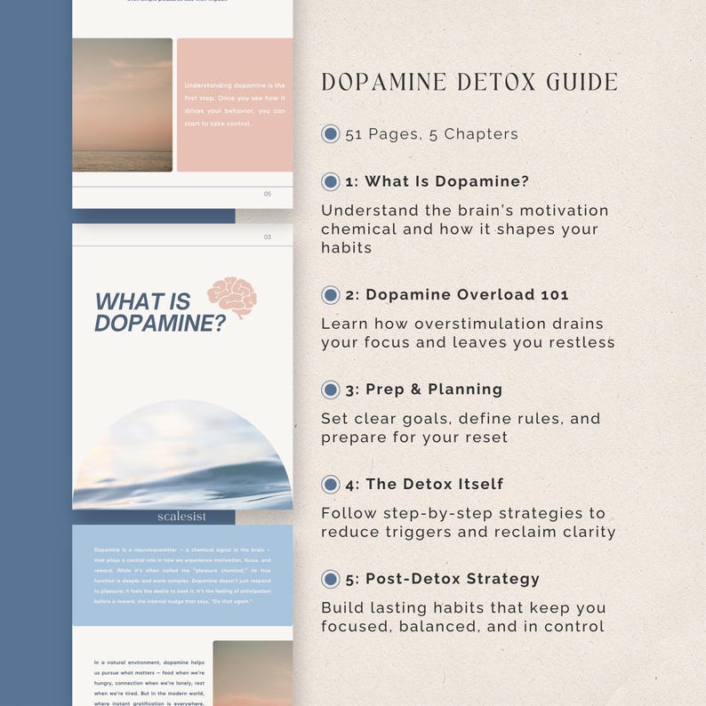 Op de afbeelding: Een digitale gids getiteld "Dopamine Detox Guide" met een lichtroze en wit kleurenschema. De omslag van de gids bevat de tekst "What is Dopamine?" en de inhoud van de gids wordt vermeld, inclusief 5 hoofdstukken en 51 pagina's.