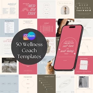 50 Wellness Coach Instagram Templates: Post Templates for Social Media (Editable in Canva)