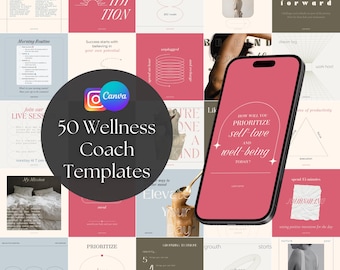 50 Wellness Coach Instagram Templates Editable in Canva, Social Media Posts, Holistic Health Life Coach Mindfulness Content Pack
