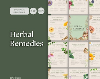 Herbal Remedies Guide Printable PDF, 10 Natural Healing Pages for Stress Sleep Immunity and Digestion, Editable Canva Template
