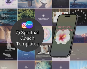 75 Spiritual Coach Instagram Templates Editable in Canva, Social Media Posts with Carousels for Holistic Life Coaches, Mindful Branding