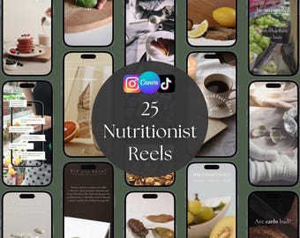 25 Nutrition Coach Instagram Reel Editable in Canva, Health Wellness Social Media Template Pack for Dietitians and Nutritionists