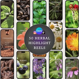 50 Herbal Highlight Reels • Minimalist Pre-Made Canva Video Templates for Instagram TikTok • Herbal Wisdom, Wellness Social Media Content