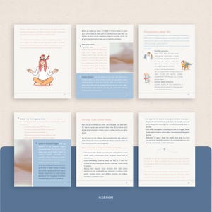 Op de afbeelding: Een verzameling ge&iuml;llustreerde pagina's uit een gids over zelfverbetering. De pagina's bevatten tekst en illustraties in een minimalistische stijl, met een kleurenpalet van beige, blauw en oranje. De gids behandelt onderwerpen als gewoonte-audits en detox-regels.