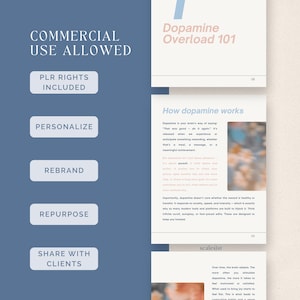 Op de afbeelding: Een digitaal document met een blauwe achtergrond en witte tekstvakken. Het document bevat de titel "Dopamine Overload 101" en secties over hoe dopamine werkt. Tekst bevat "Commercial Use Allowed" en "PLR Rights Included."