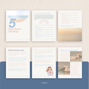 Op de afbeelding: Een verzameling van zes pagina's uit een gids getiteld "5 Post-Detox Strategy". De pagina's bevatten tekst en illustraties, waaronder een strandsc&egrave;ne en een persoon die een hart vasthoudt. Het kleurenschema is voornamelijk wit, blauw en perzik.