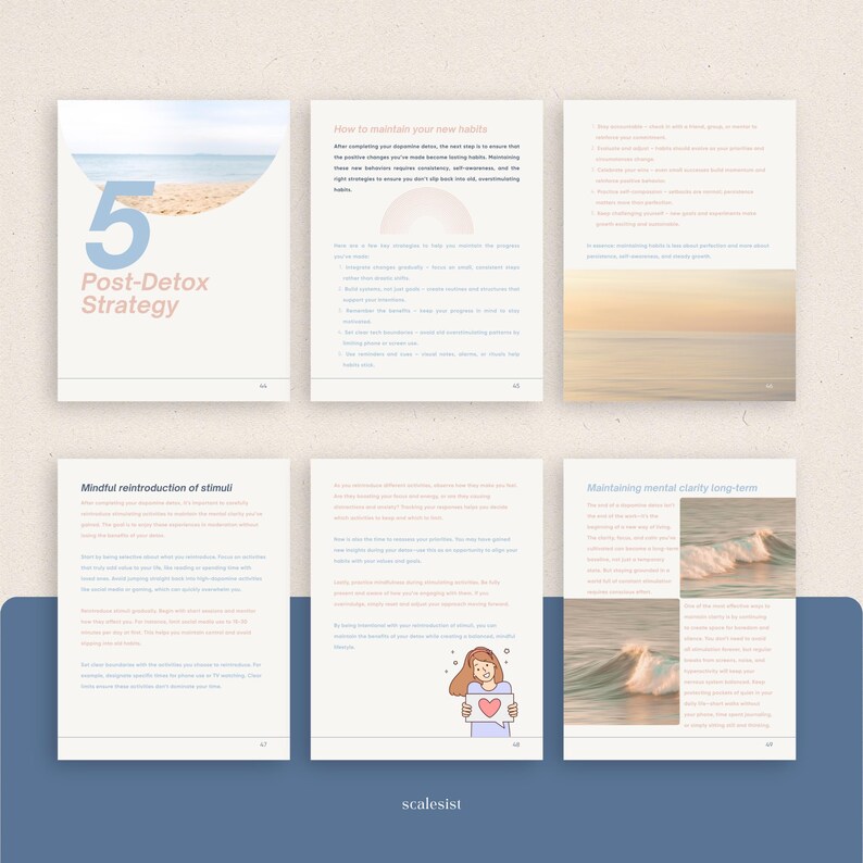 Op de afbeelding: Een verzameling van zes pagina's uit een gids getiteld "5 Post-Detox Strategy". De pagina's bevatten tekst en illustraties, waaronder een strandsc&egrave;ne en een persoon die een hart vasthoudt. Het kleurenschema is voornamelijk wit, blauw en perzik.