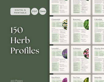 150 Herb Profiles, Medicinal Plants Reference Guide, Printable PDF and Editable Canva Template for Herbalists and Wellness Coaches